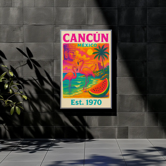 Cancun Mexico Flamingos Ruins Sunset Est 1970 Vintage Travel Poster
