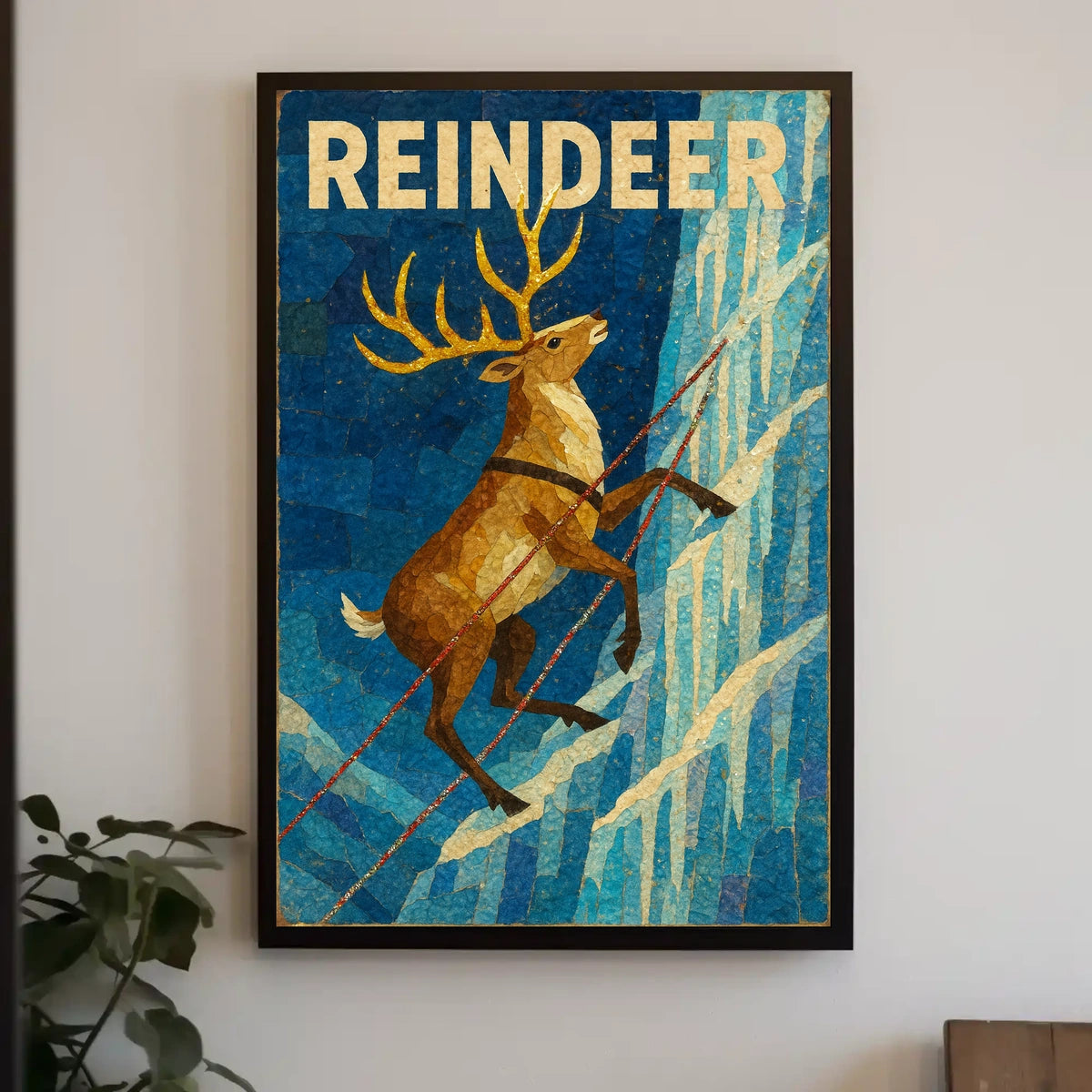 Reindeer Adventure on Icy Cliff Animal Poster