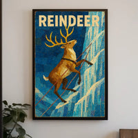 Reindeer Adventure on Icy Cliff Animal Poster