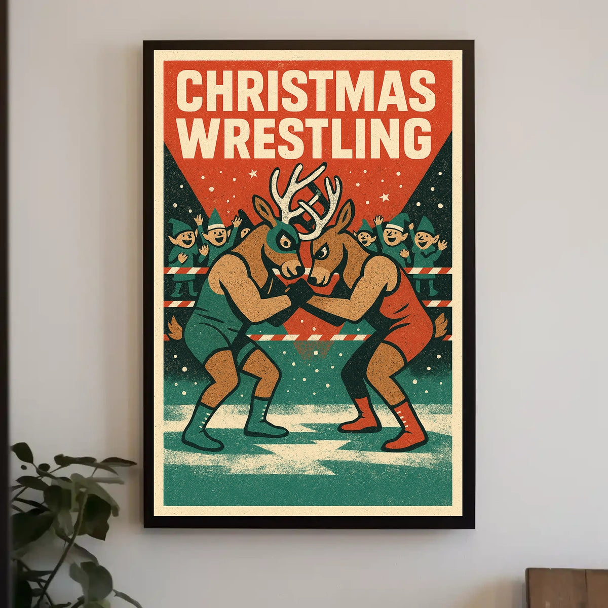 Christmas Wrestling Reindeer Vintage Sports Poster