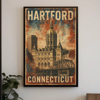 Hartford Connecticut Vintage Architectural Travel Art Deco Retro Eighties Historic Capitol Skyline Civic Pride Poster
