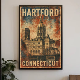 Hartford Connecticut Vintage Architectural Travel Art Deco Retro Eighties Historic Capitol Skyline Civic Pride Poster