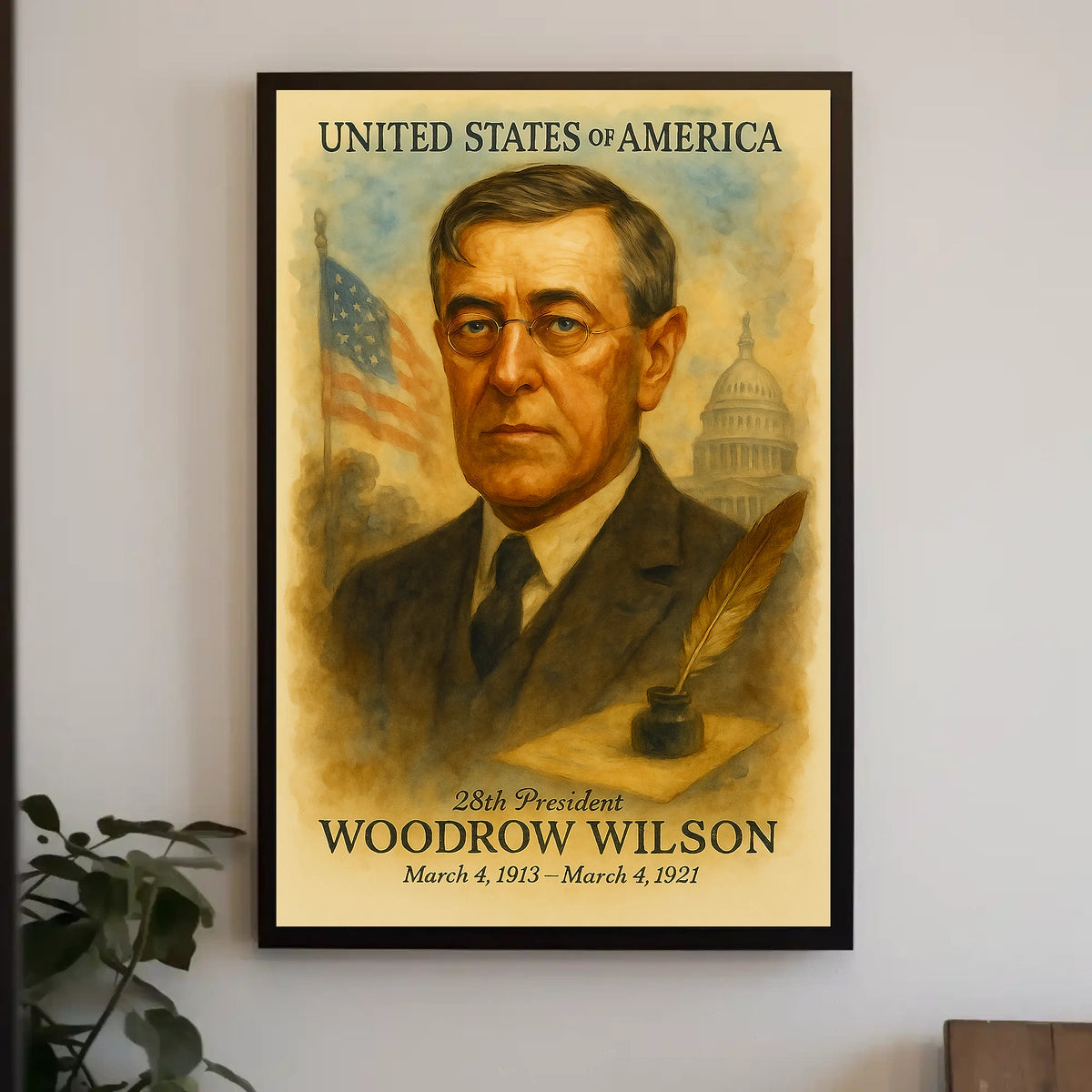 Woodrow Wilson 28th President of the United States Vintage Watercolor Poster