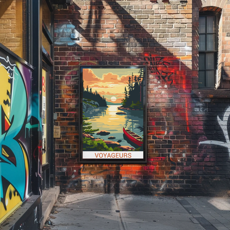 Voyageurs National Park Minnesota Canoe Travel Poster features a serene sunset over a lake with a canoe, perfect for outdoor decor.
