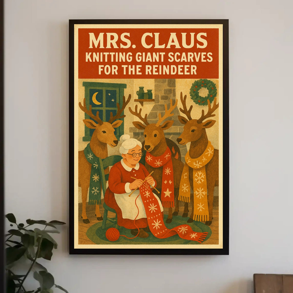 Mrs. Claus Knitting For Reindeer Poster