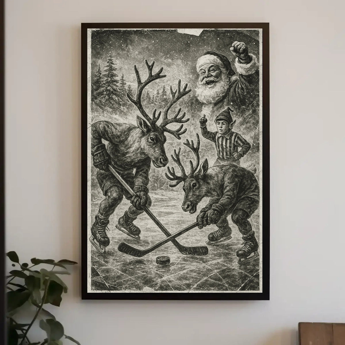 Whimsical Reindeer Ice Hockey Winter Sports Poster