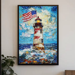 Lighthouse By The Ocean With American Flags Poster