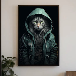 Cat in Teal Jacket Photorealistic Art Poster