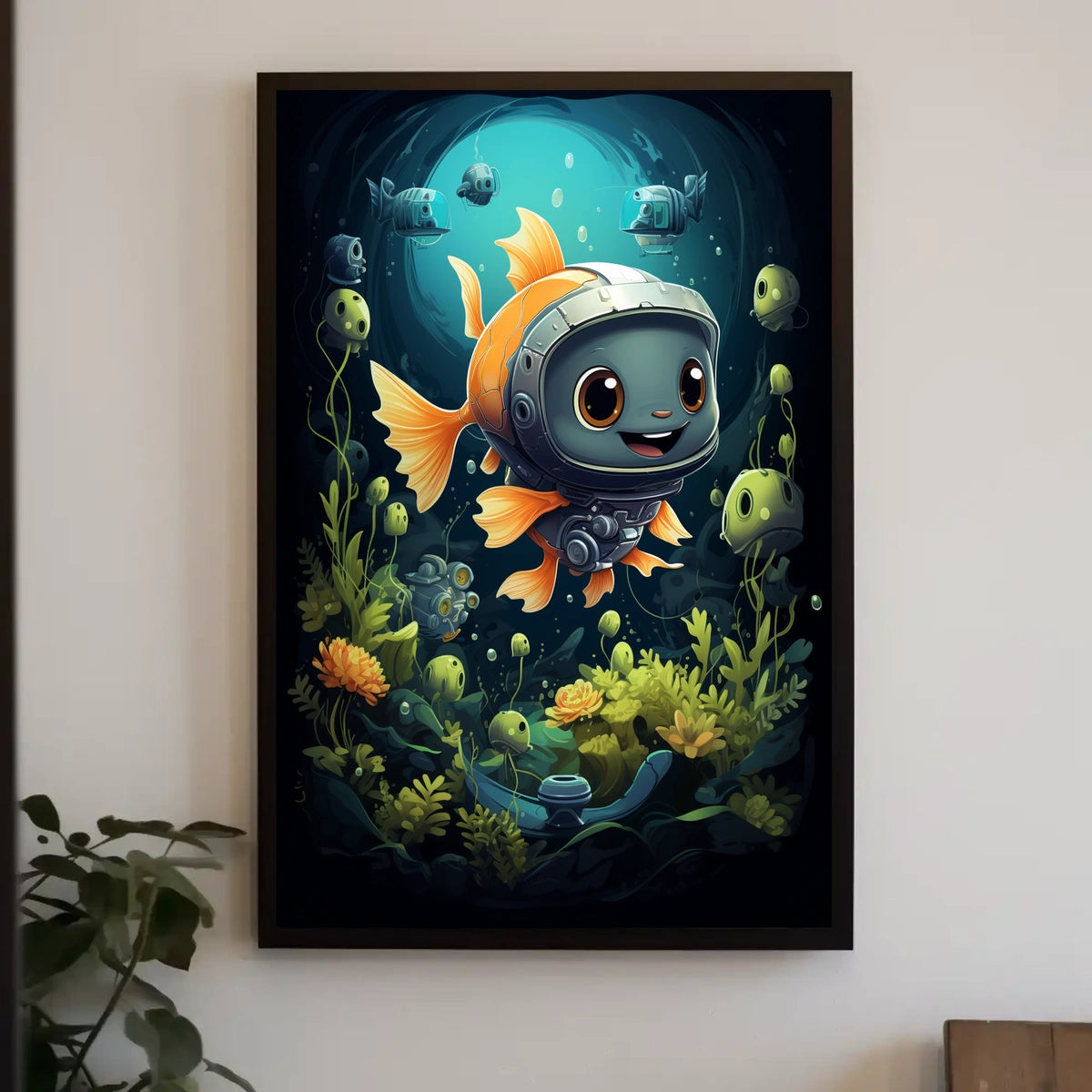 Goldfish in Futuristic Robotic Helmet Poster