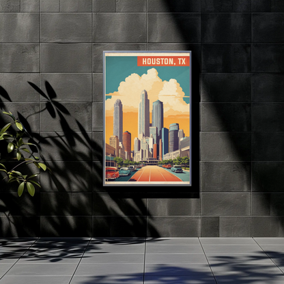 Houston Texas Skyline Classic Cars Sunset Vintage Travel Poster