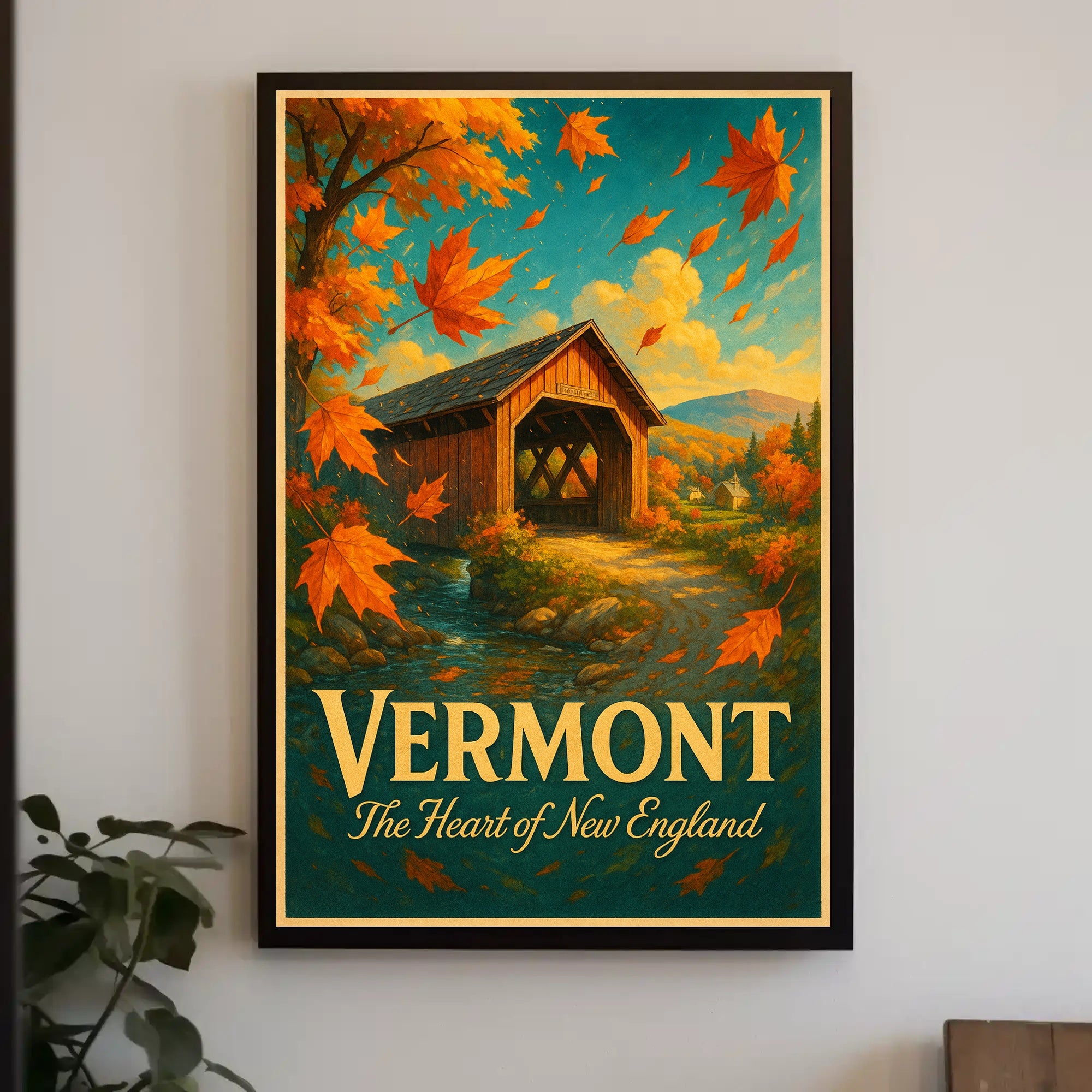 Vermont Autumn Travel Poster Vintage Wall Art