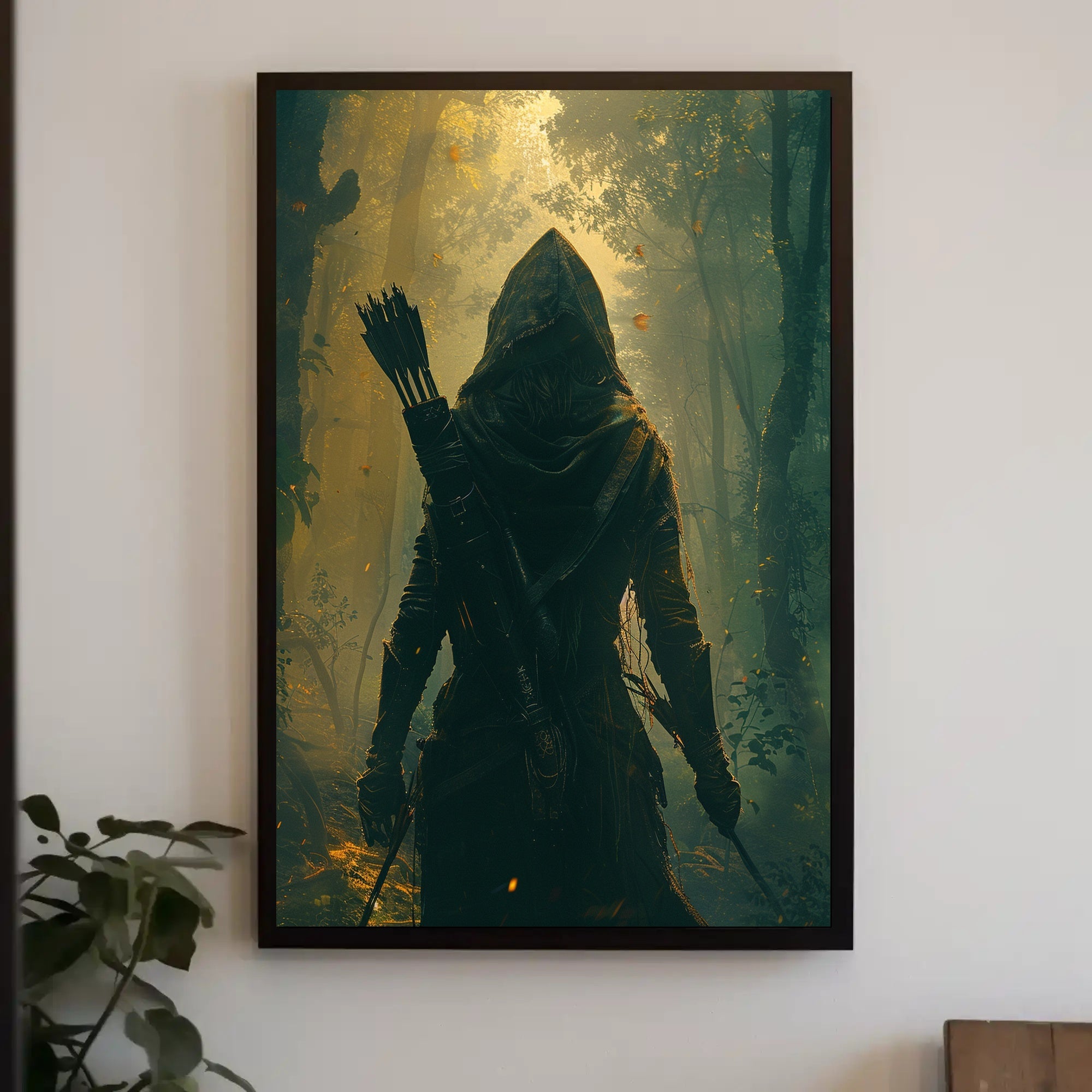 Mysterious Hooded Archer in Enchanted Forest Fantasy Poster