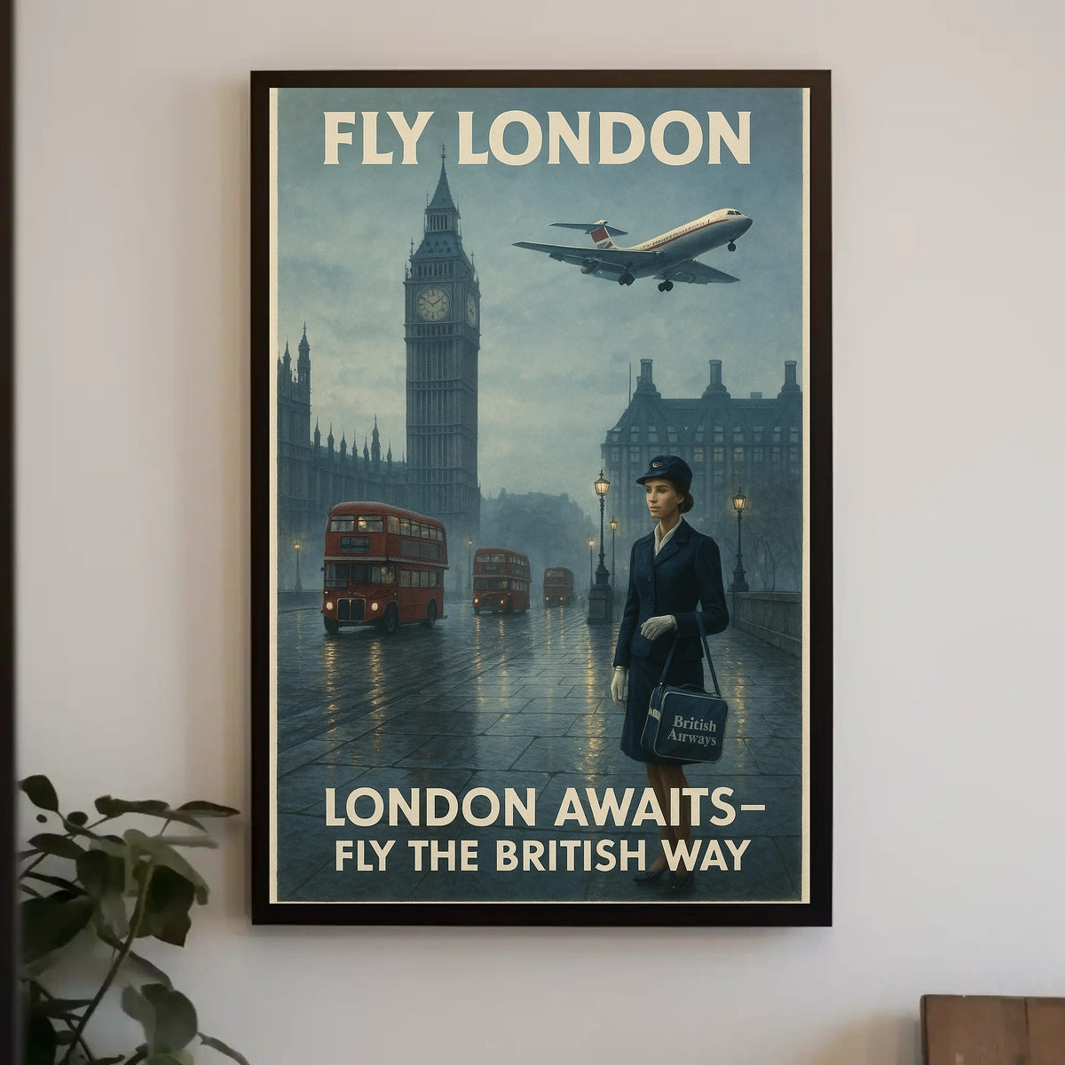 London Travel Elegance: Vintage Mid-20th Century British Air Travel Poster