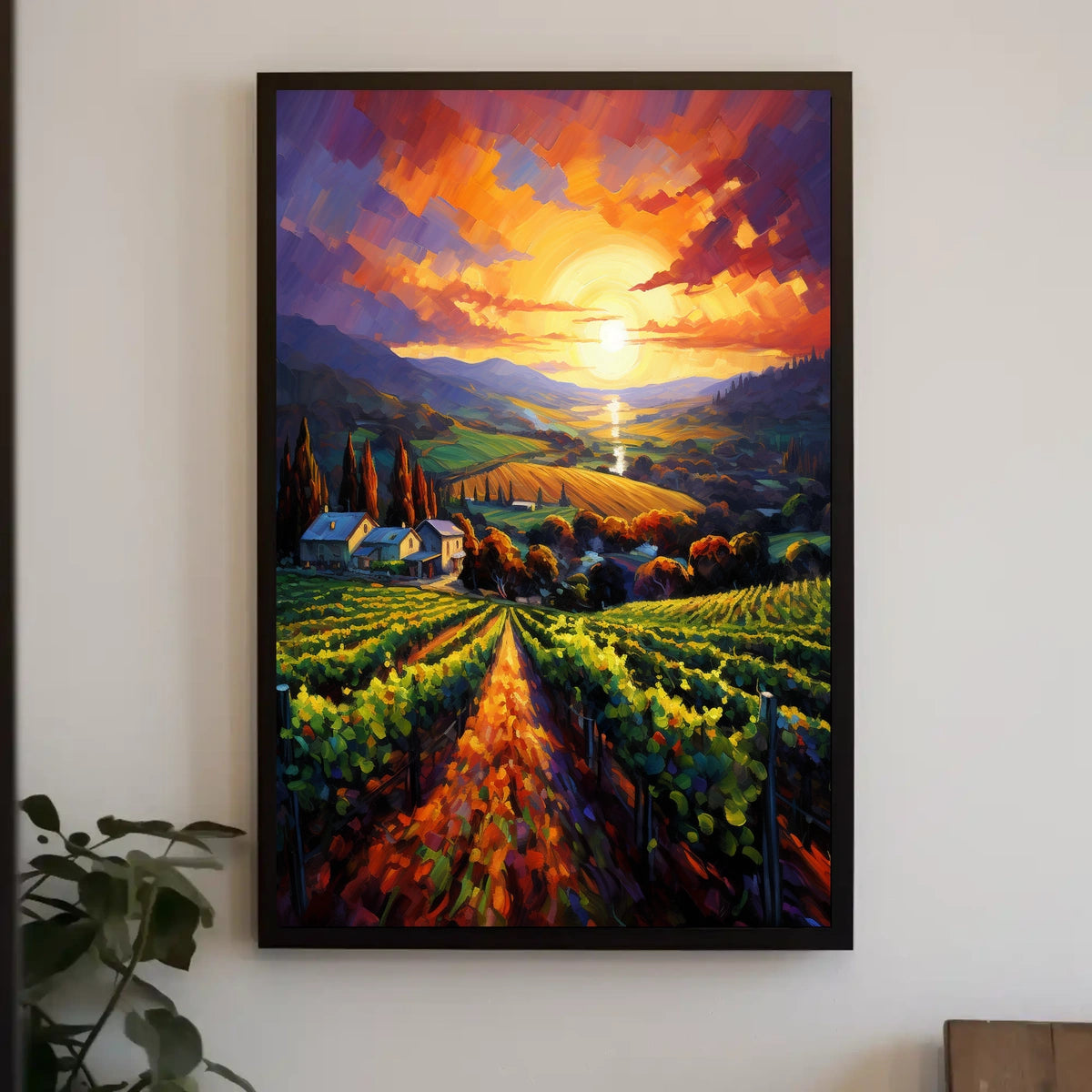 Vibrant Vineyard Sunset Landscape Impressionistic Artistic Poster