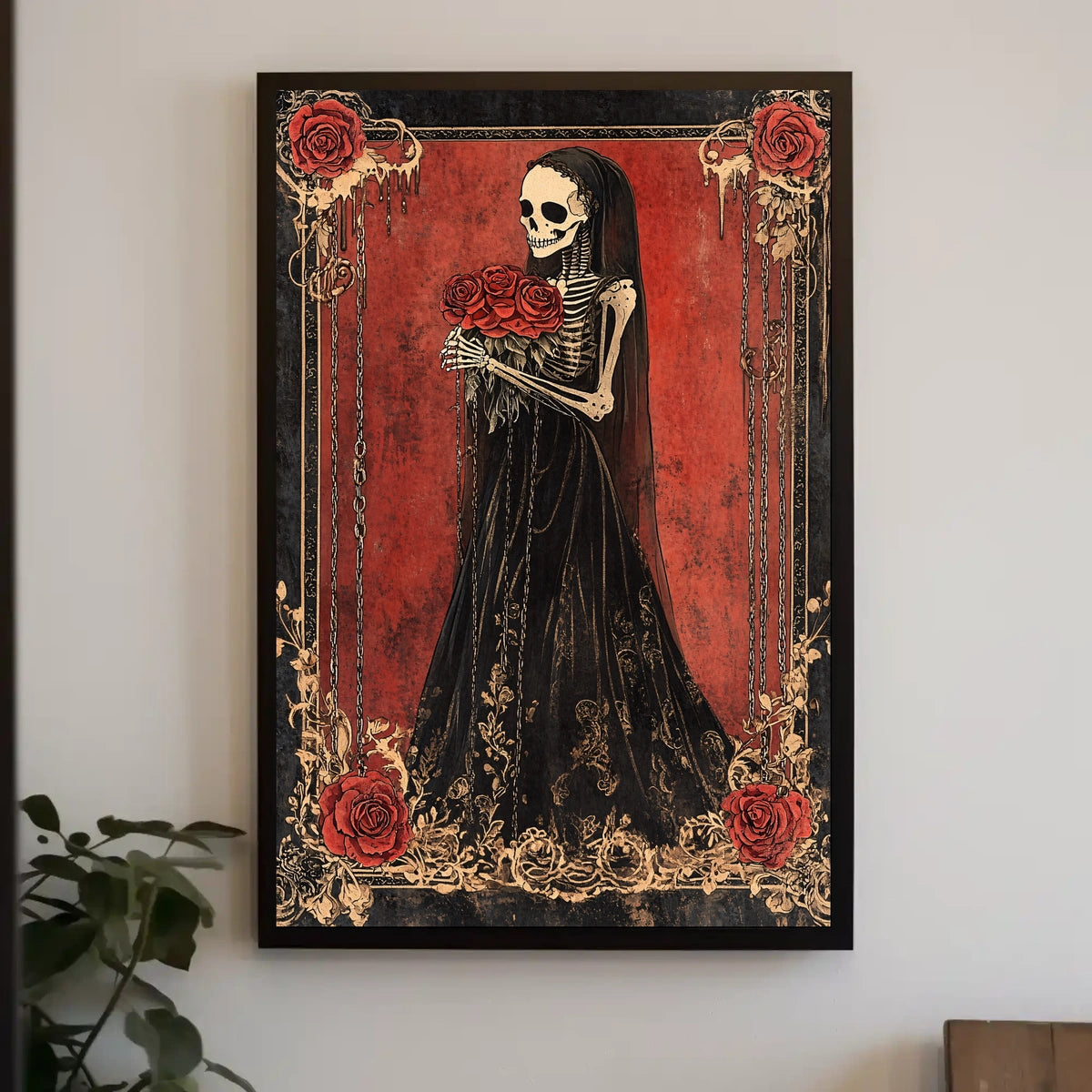 Skeletal Figure Red Roses Cultural or Heritage Poster