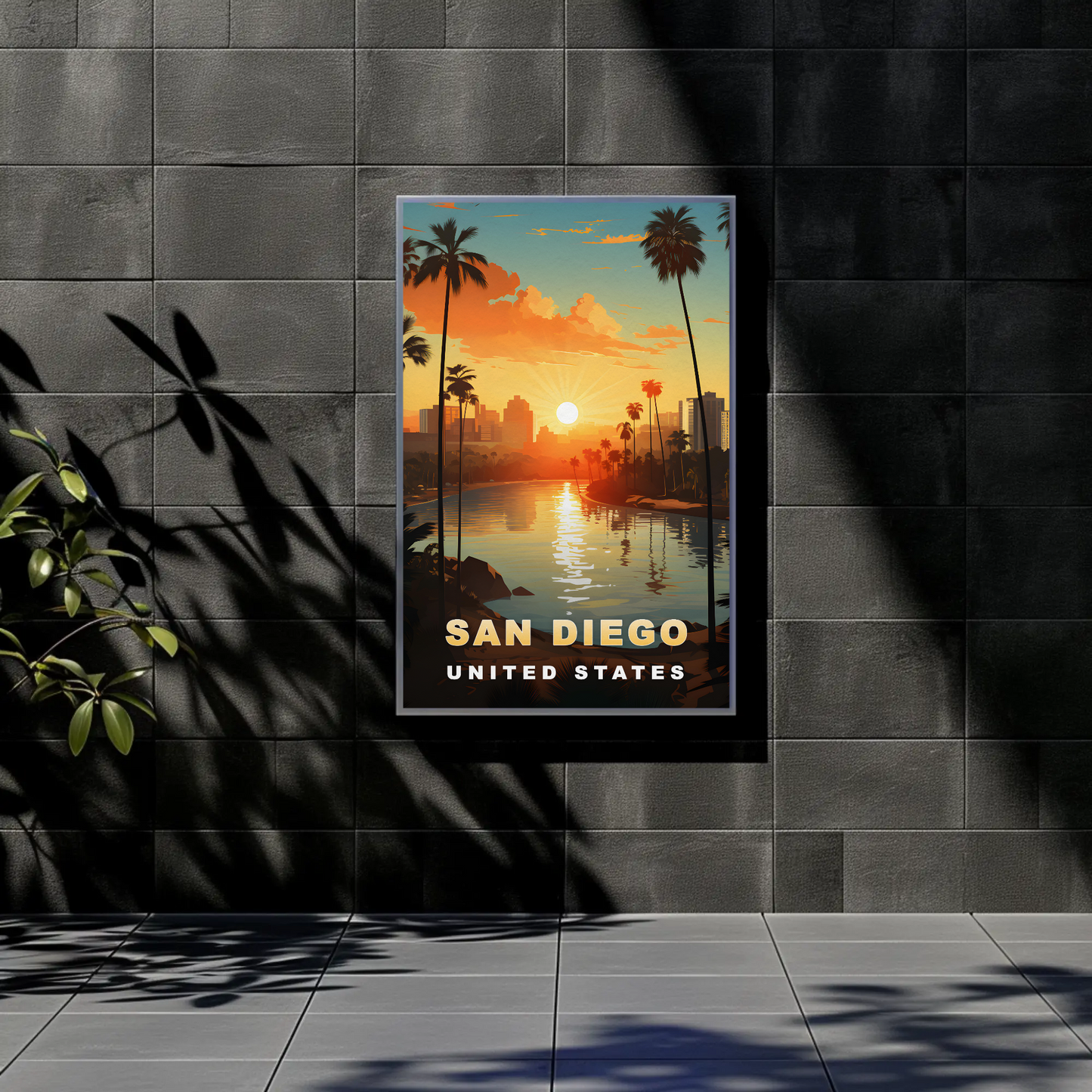 San Diego California Coastline Sunset Palms Vintage Travel Poster