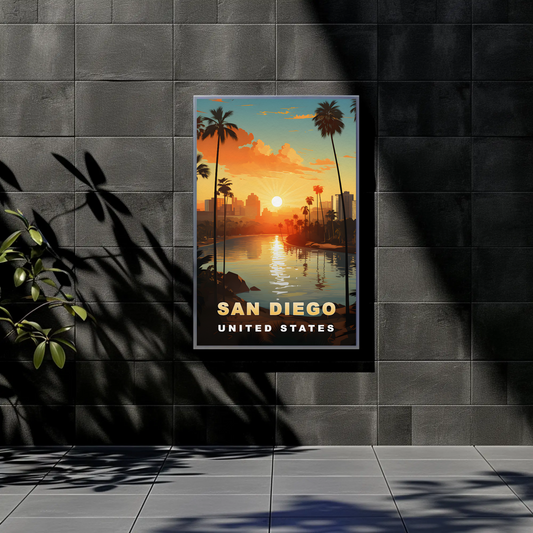 San Diego California Coastline Sunset Palms Vintage Travel Poster