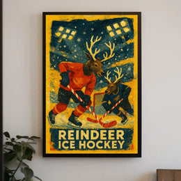 Whimsical Reindeer Ice Hockey Vintage Sports Poster