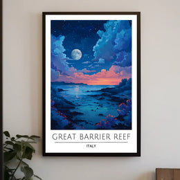 Dreamy Coastal Night Scene Under Full Moon - Artistic Poster