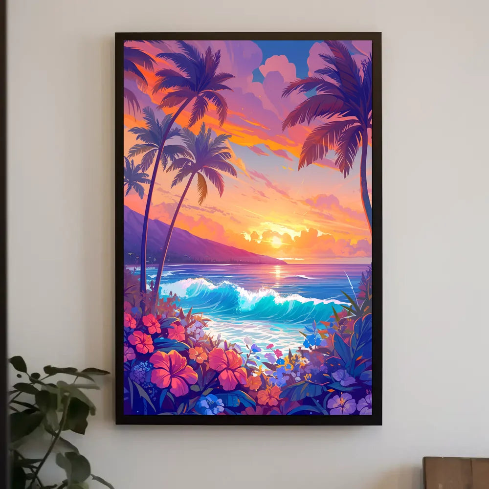 Tropical Sunset Beach Scene Illustrated Poster