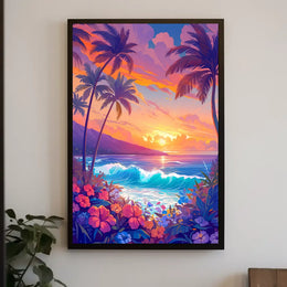 Tropical Sunset Beach Scene Illustrated Poster