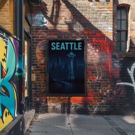Seattle Futuristic Blue Night Skyline Space Needle Travel Poster