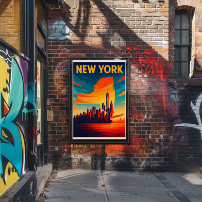 New York State Outline Skyline Sunset Silhouette Travel Poster