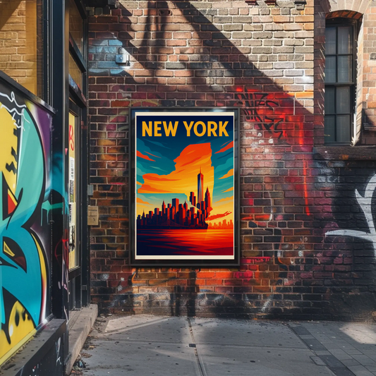 New York State Outline Skyline Sunset Silhouette Travel Poster