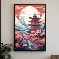 Traditional Japanese Pagoda in Serene Landscape Cultural Poster