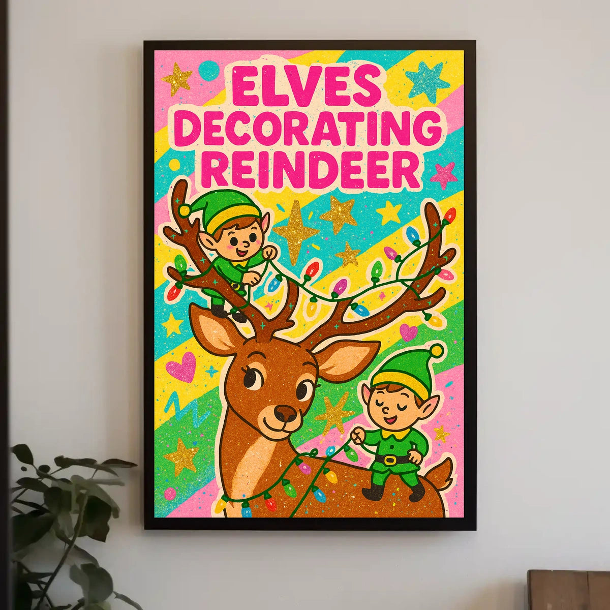 Elves Decorating Reindeer Poster