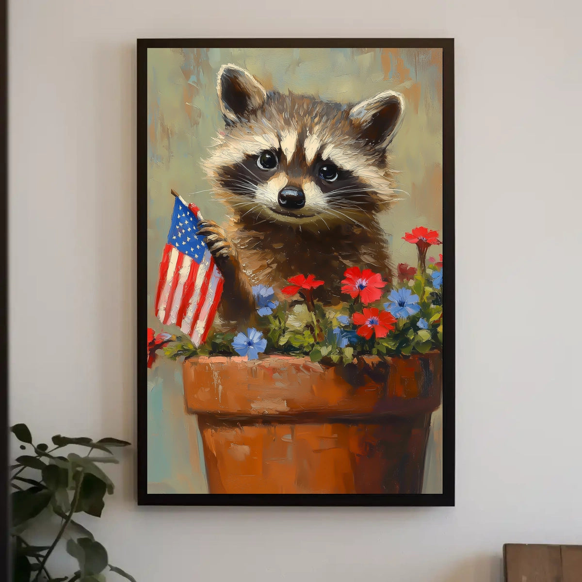 raccoon popping out of a large clay flowerpot Poster
