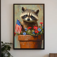 raccoon popping out of a large clay flowerpot Poster
