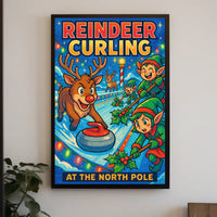 Reindeer Curling at the North Pole Poster