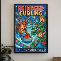 Reindeer Curling at the North Pole Poster