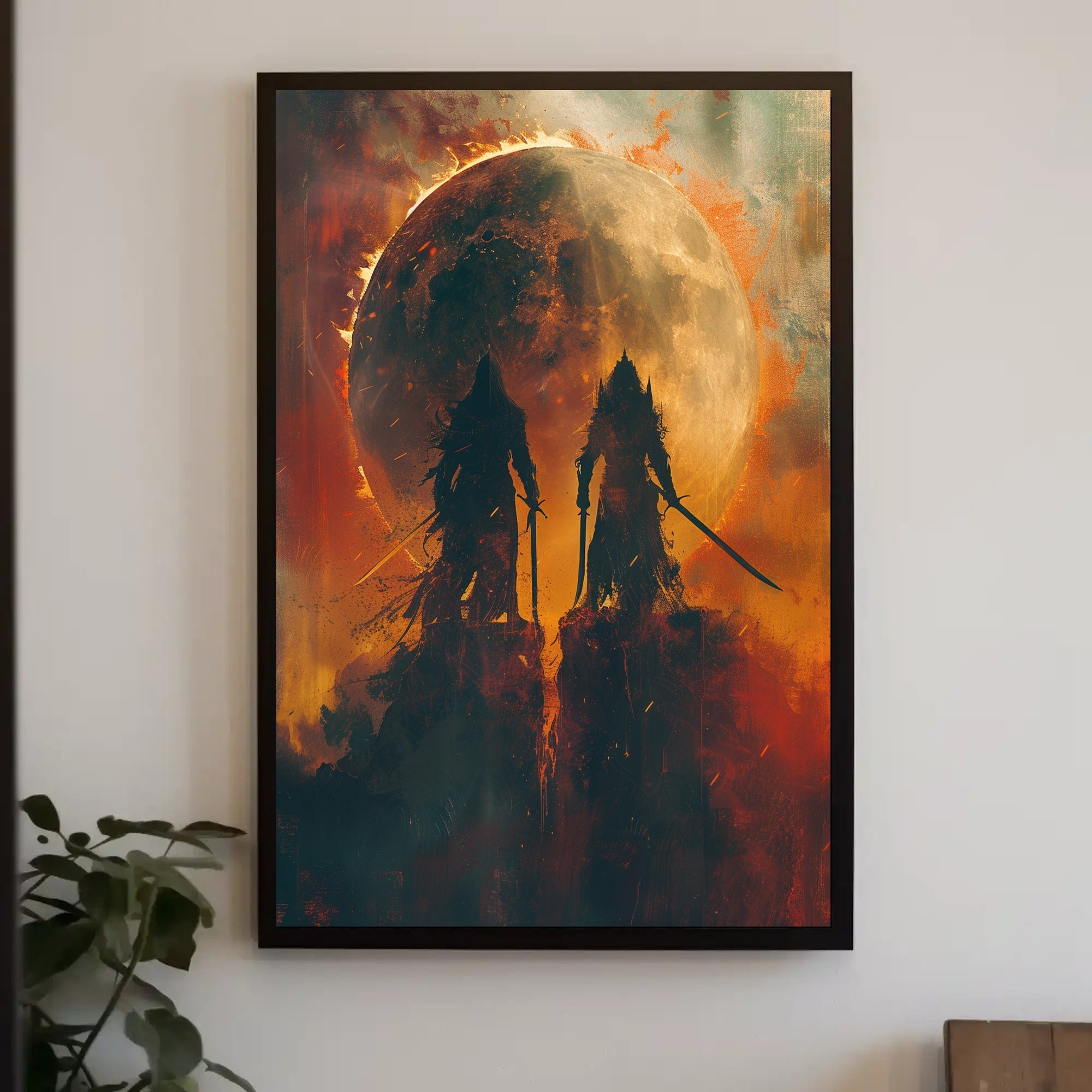 Epic Warriors Under Fiery Moon Fantasy or Mythology Poster PosterGoat