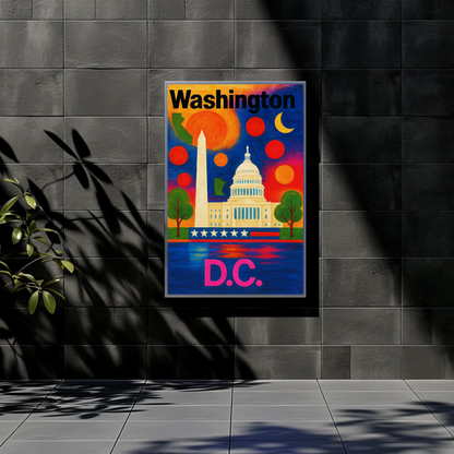 Washington DC Capitol Monument Patriotic Night Vintage Travel Poster