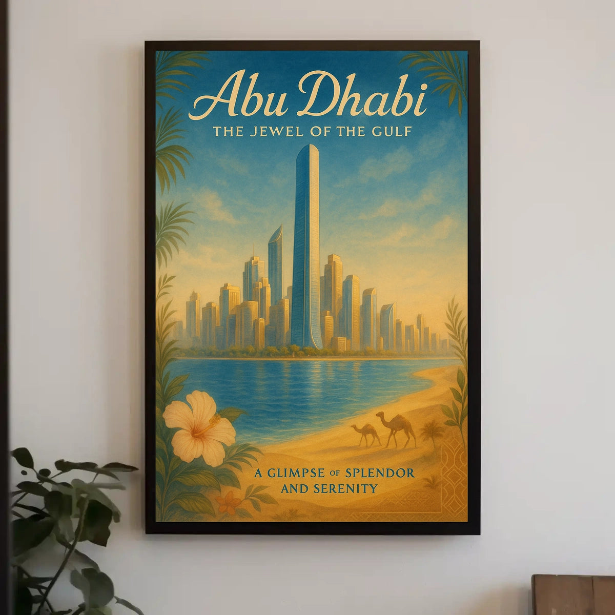 Abu Dhabi Cityscape with Camels Travel Poster