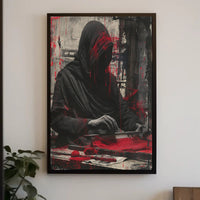 Mysterious Hooded Figure in Grayscale Artistic Poster PosterGoat