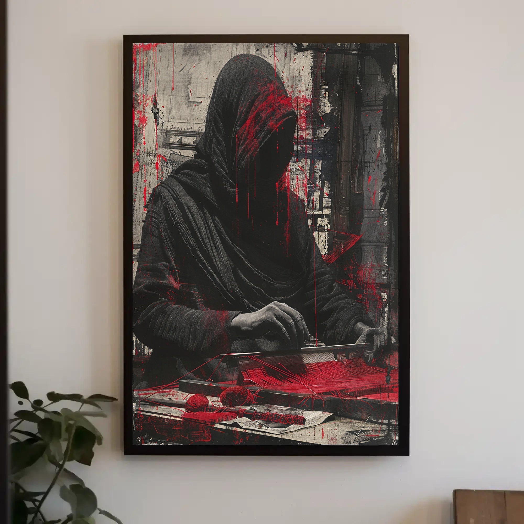 Mysterious Hooded Figure in Grayscale Artistic Poster PosterGoat