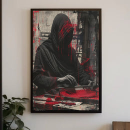 Mysterious Hooded Figure in Grayscale Artistic Poster PosterGoat