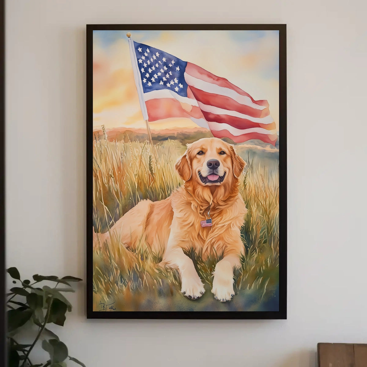 Golden Retriever Lying In Sunset Field Portrait Poster