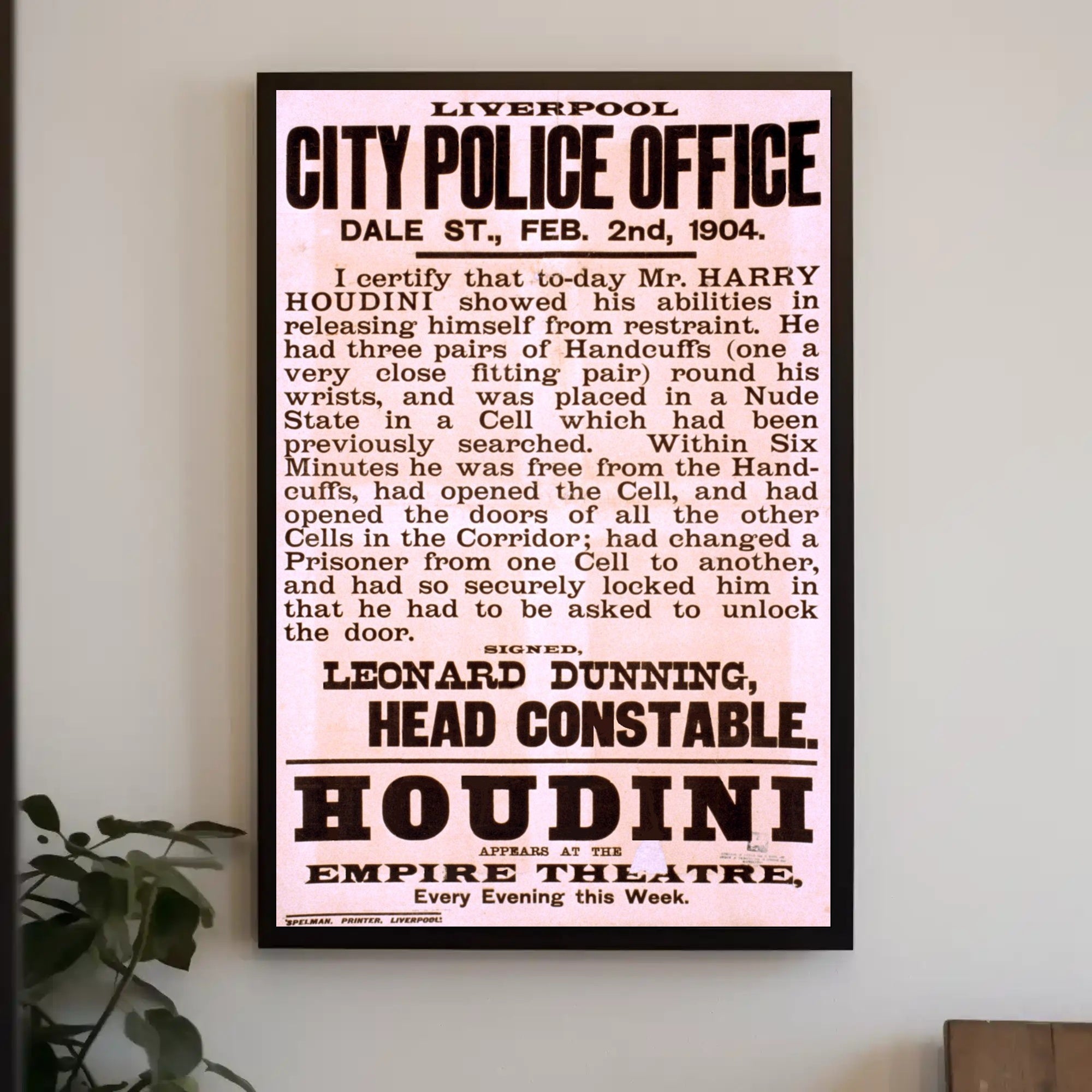 Harry Houdini 1904 Empire Theatre Cultural Heritage Poster