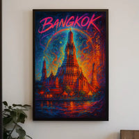 This vibrant poster art depicts an iconic temple in Bangkok, Thailand, likely the Travel Poster