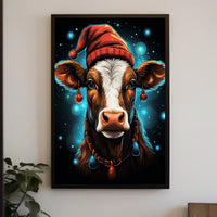 Festive Cow in Santa Hat Christmas Poster