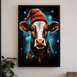 Festive Cow in Santa Hat Christmas Poster