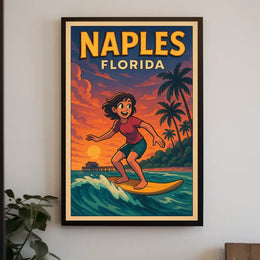 Naples Florida Surfing Poster Wall Art Coastal Decor