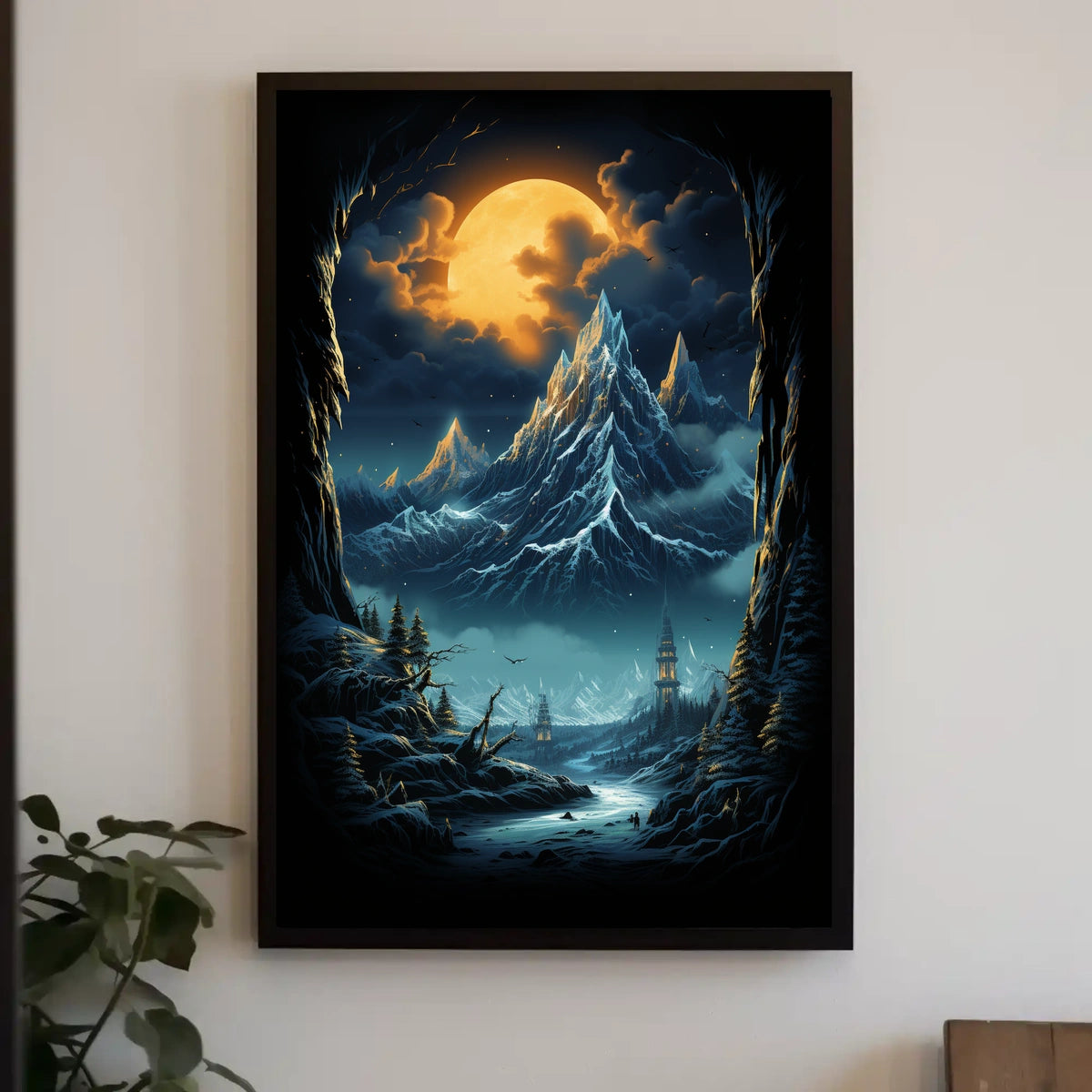 Fantastical Full Moon Mountain Landscape Futuristic Sci-Fi Poster