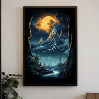 Fantastical Full Moon Mountain Landscape Futuristic Sci-Fi Poster