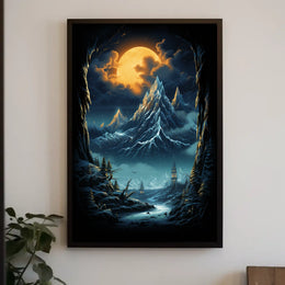 Fantastical Full Moon Mountain Landscape Futuristic Sci-Fi Poster