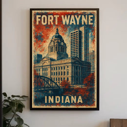 Fort Wayne Indiana Cityscape Vintage Wanderlust Poster